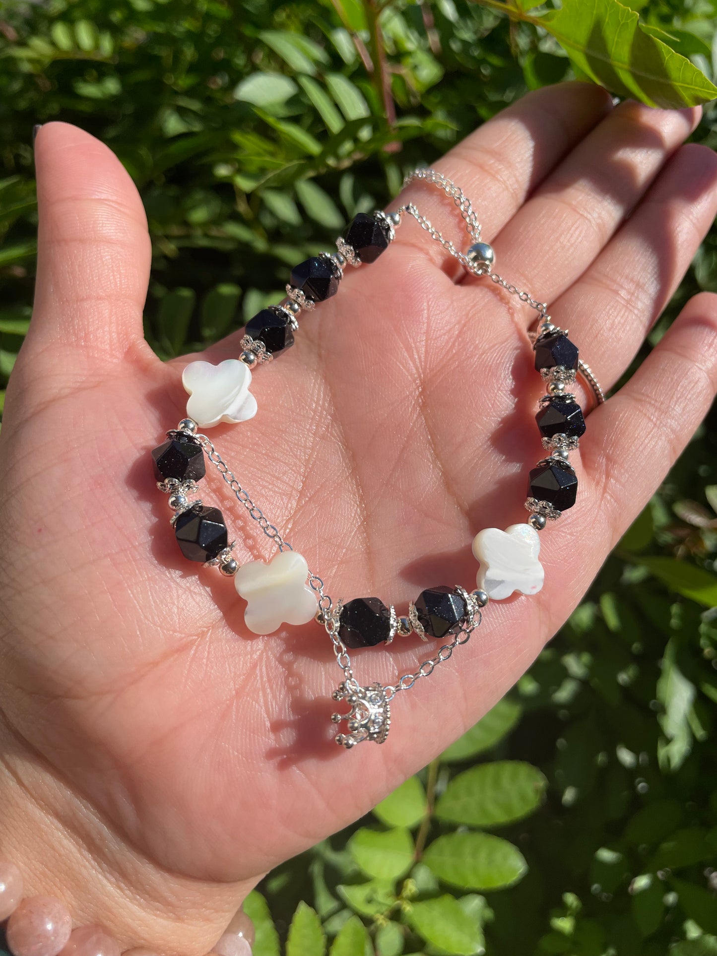 Blue Goldstone and Mother of Pearl Crown pendant bracelet