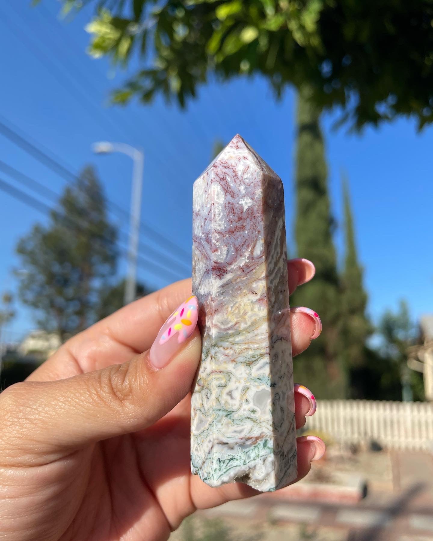 Pink Moss agate Tower