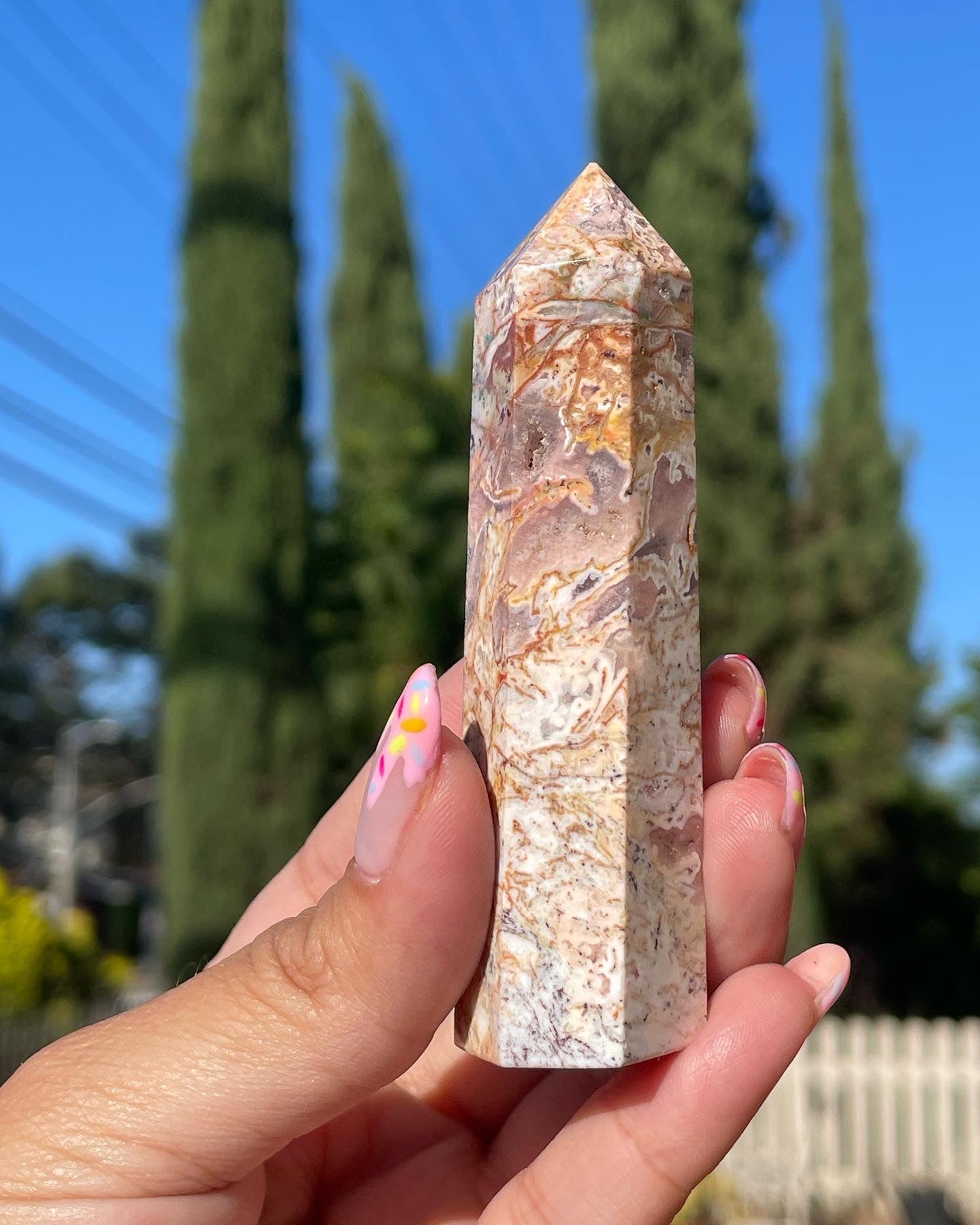 Pink Moss agate Tower