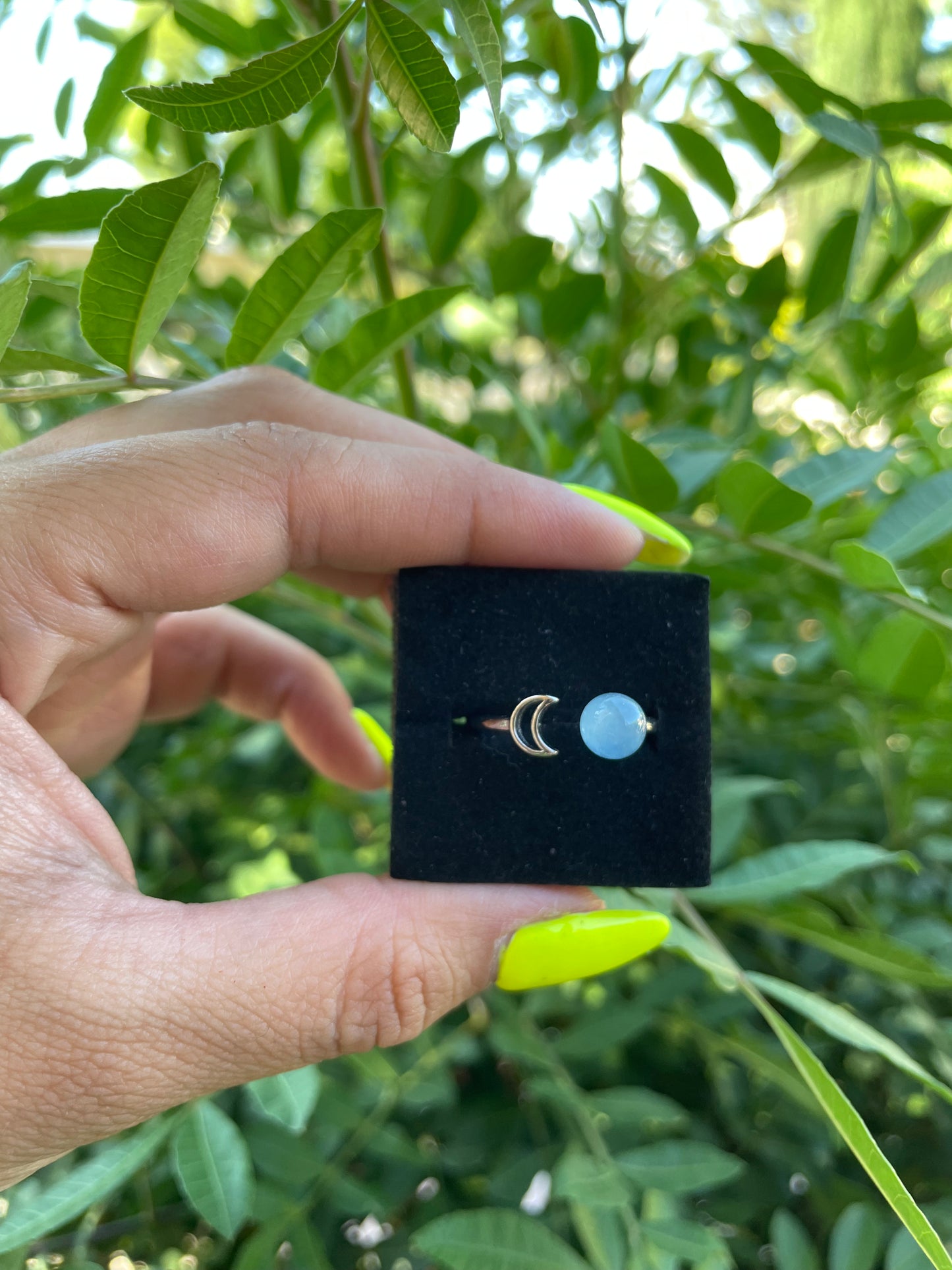 Aquamarine with Moon Adjustable Silver Plated Ring