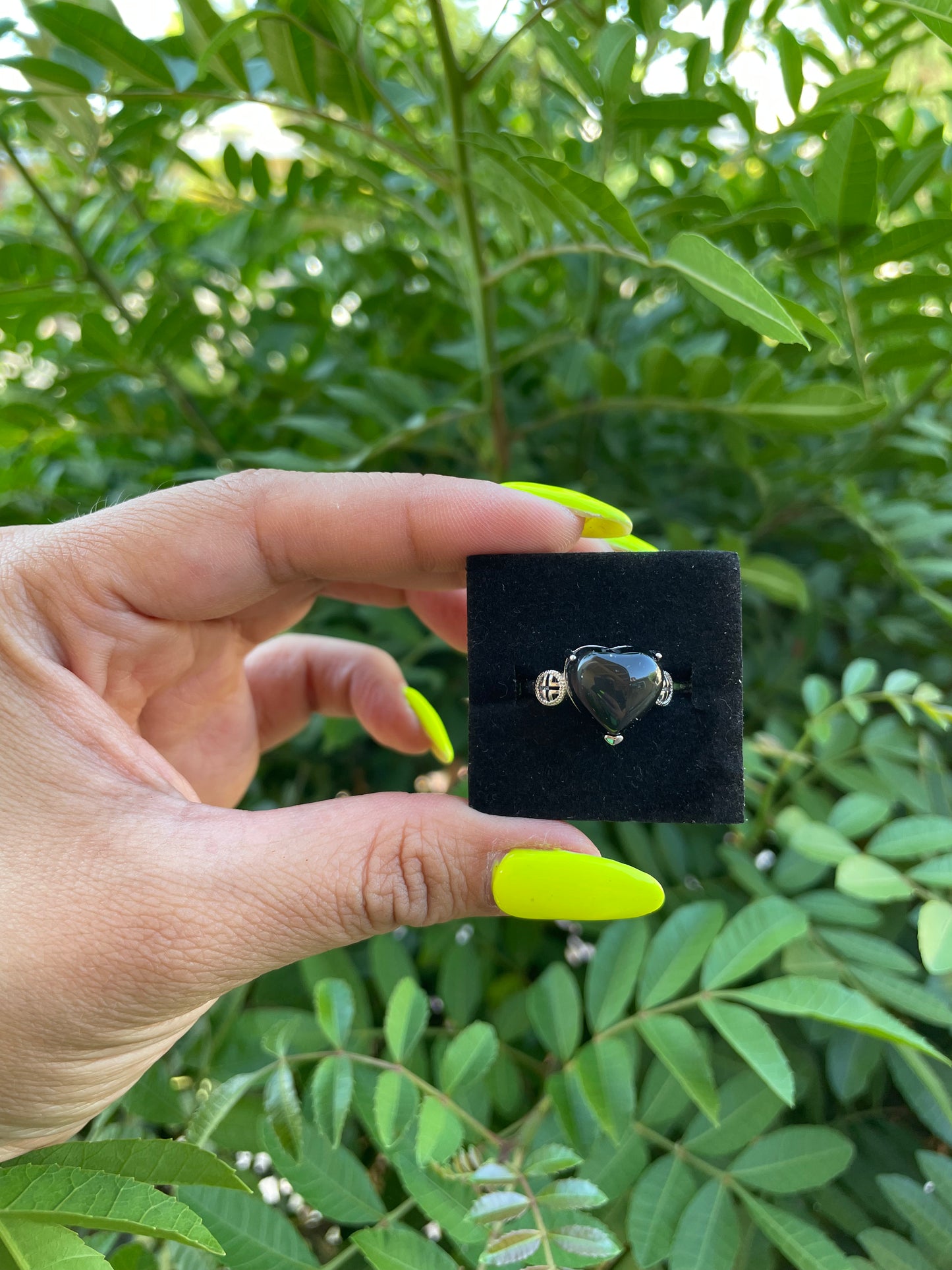 Rainbow Obsidian Ring Heart Adjustable Silver Plated