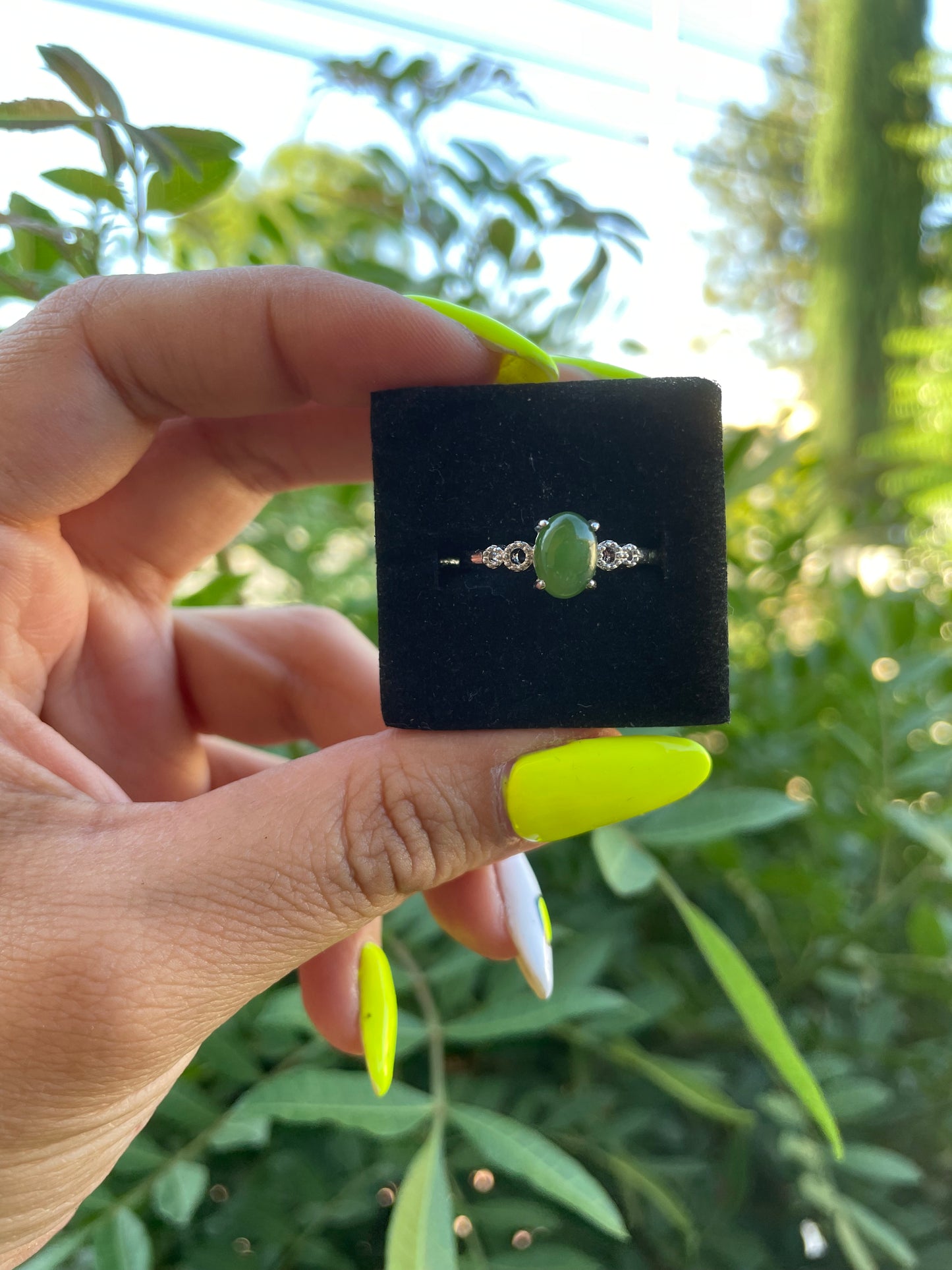 Green Jade Silver Plated Adjustable Ring