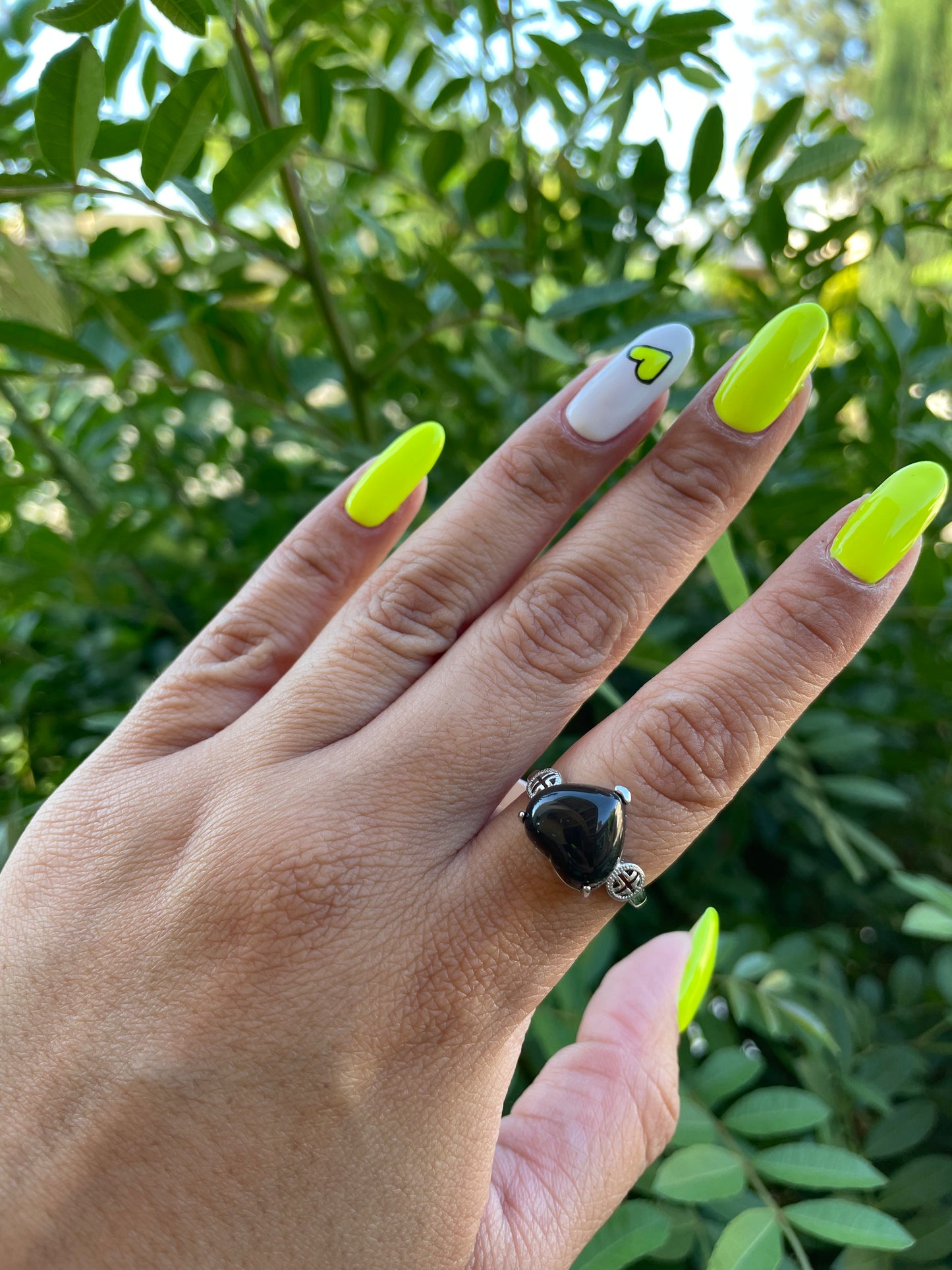 Rainbow Obsidian Ring Heart Adjustable Silver Plated