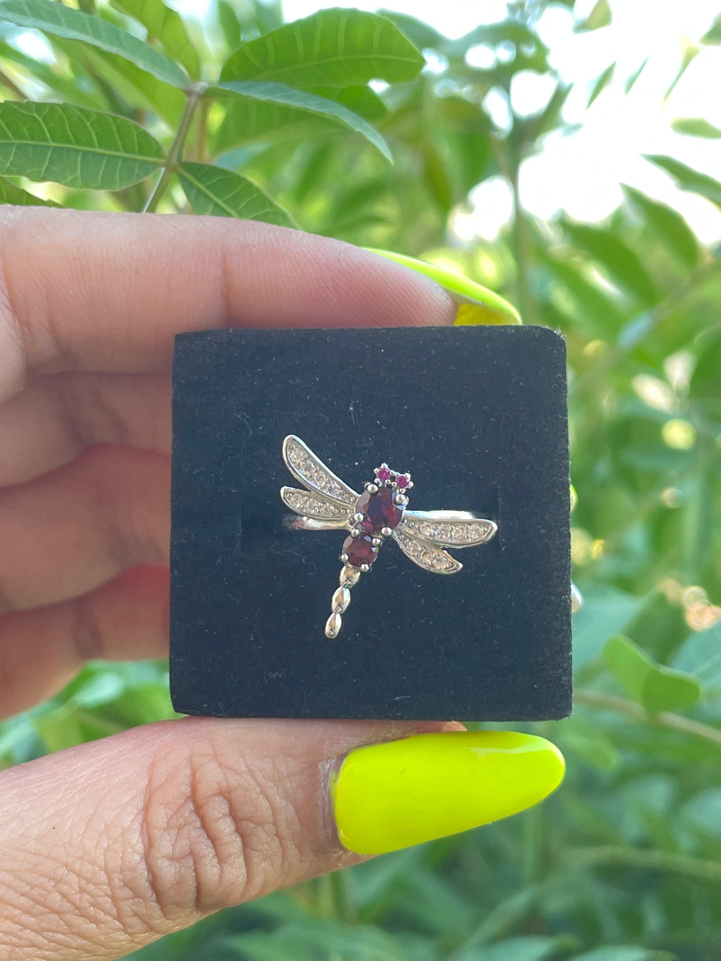Garnet Dragon Fly Silver Plated Adjustable Ring