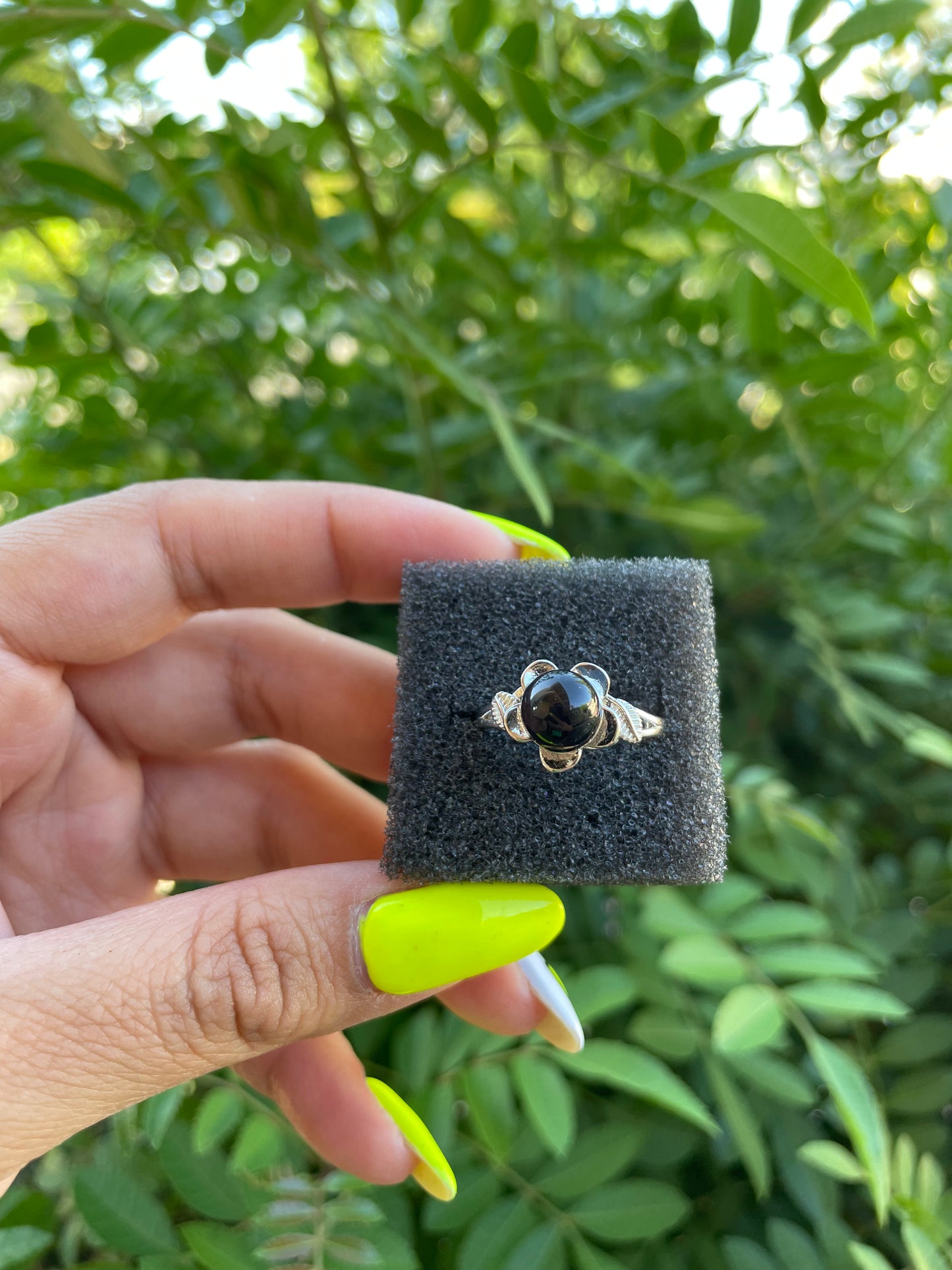 Obsidian Flower Ring Adjustable Silver Plated