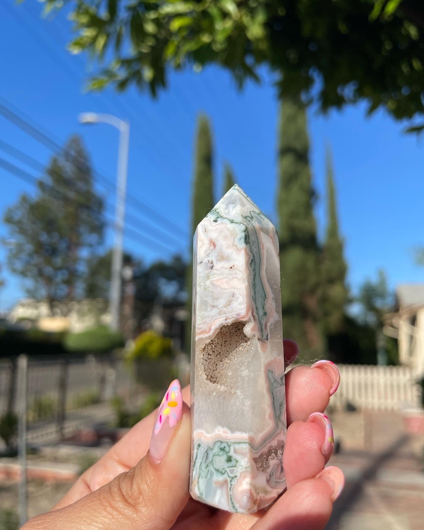 Pink Moss agate Tower